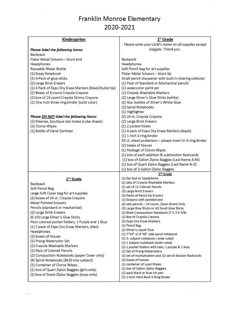 Monroe Elementary School Supplies List